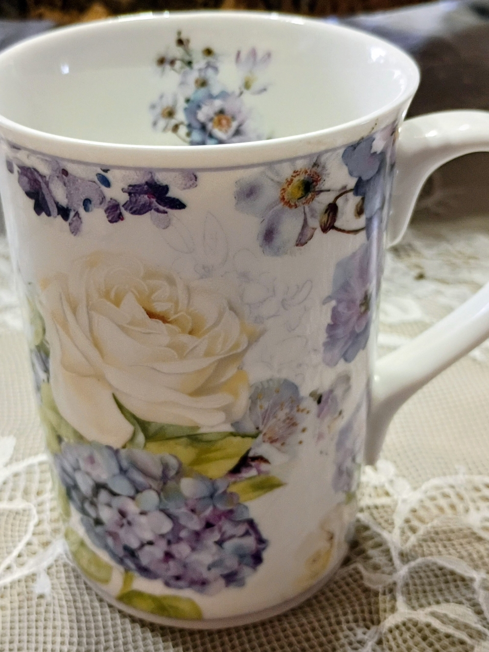 Porcelain Floral Mug in White and Lavender Accents